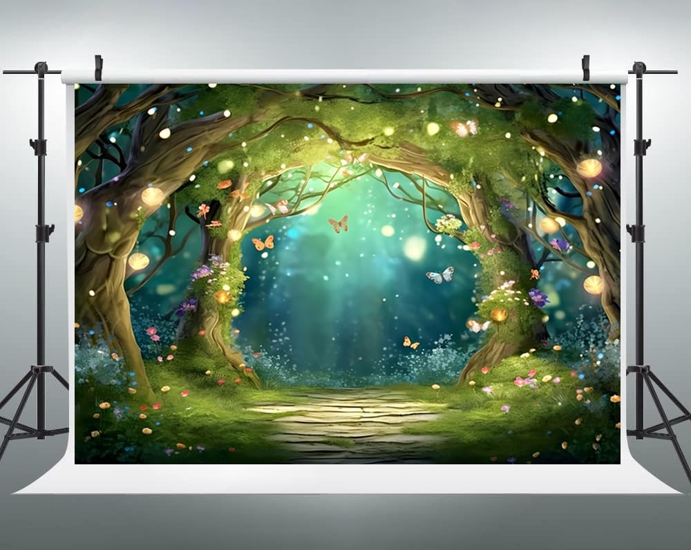 12x8ft Spring Enchanted Forest Backdrop Fairy Tale Wonderland Photography Background Butterfly Flower Brick Road Banner Decorations Newborn Baby Shower Birthday Party Photo Booth Props