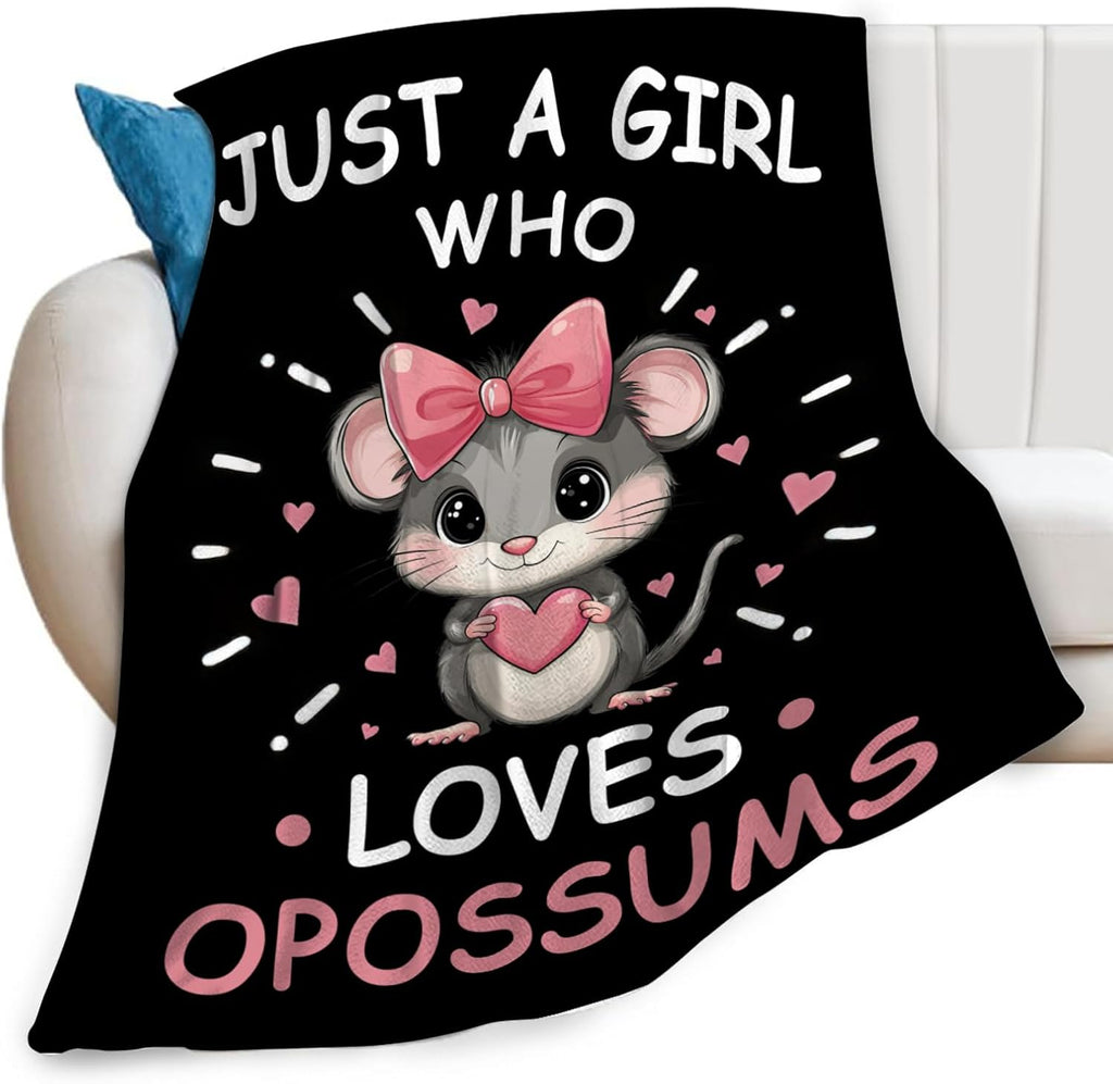 Just A Girl Who Loves Opossums Throw Blanket Possums Print Throw Blankets Gifts for Couch Sofa Bed Stuff Decor Soft Cozy Fleece Plush Warm Flannel Bedding for Lover 50"x60"