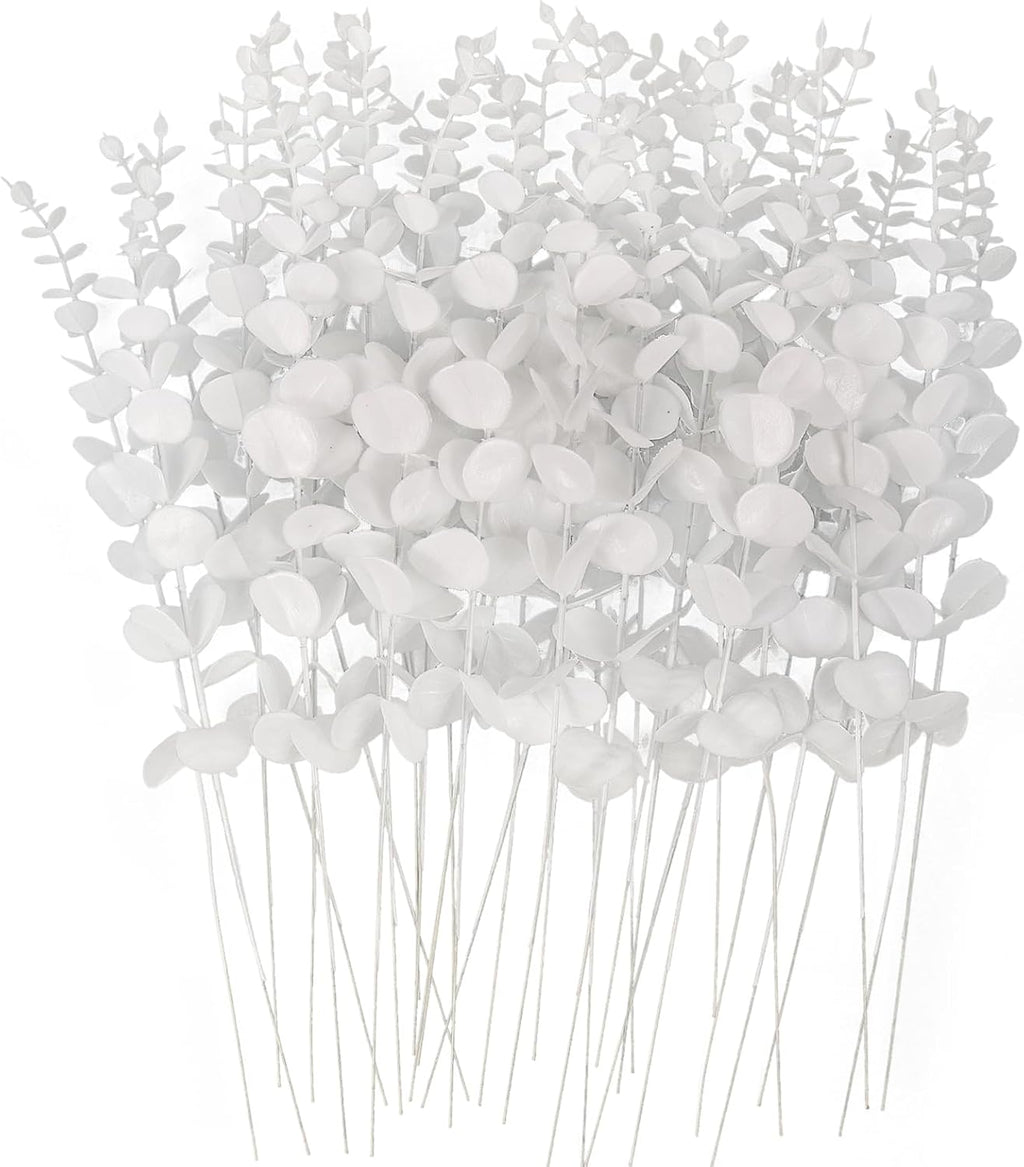 RECUTMS Artificial Eucalyptus Leaves Stems 36Pcs 15Inch Faux White Leaf Branches Plants for Vase Thanksgiving Christmas Halloween Party Wedding Flower Bouquet Floral Arrangement Home Office Decor
