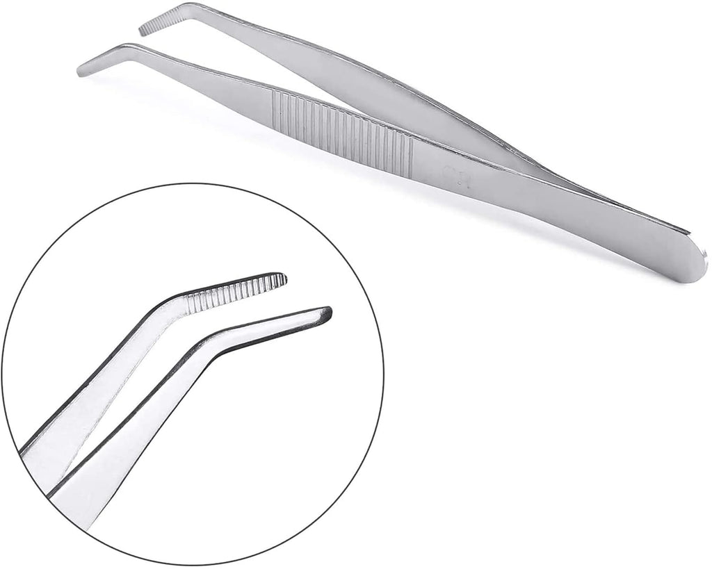 Long Forceps Tweezers, Serrated Bent & Flat Tips Precision Curved Science Surgical Tongs Jewelers Needle Metal Sewing Sharp Small Kitchen Cooking Tweezers With Teeth Knurled Handles (1PCS)