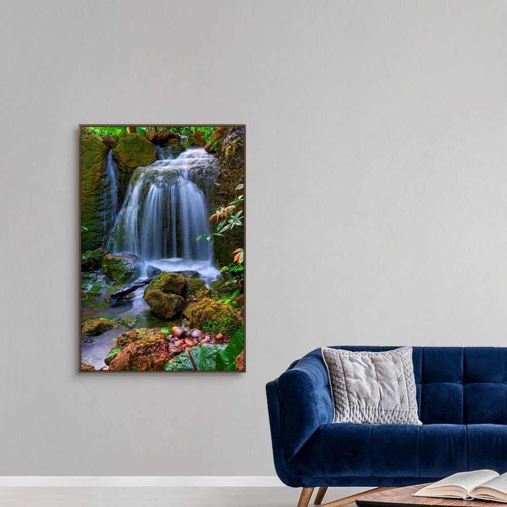 CANVAS ON DEMAND Waterfall in Tropical Rainforest of Fairchild Tropical Gardens, Walnut Float Framed Canvas Wall Art Print, Home Decor, Floral, Flowers, Nature Artwork, 32" x48in