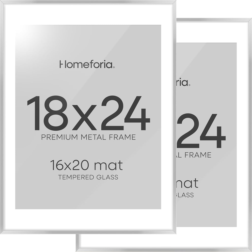 Homeforia 18x24 Poster Frame Silver, High End Metal 18 x 24 Picture Frames with Mat 16 x 20 for Photo, 18x24 Silver Frame Matted to 16x20 Print, 24x18 Hanging Frame, Tempered Glass, Wall Kit, Set of 2