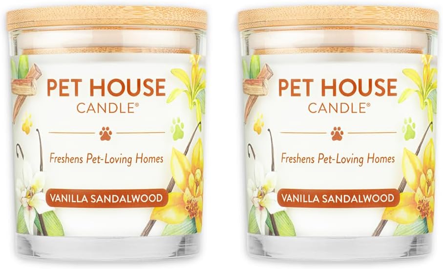 One Fur All Pet House Candle 2 Pack - Plant-Based/Soy - Clean Burning Scented, Long Lasting Pet Odor Candle for Home - Vanilla Sandalwood