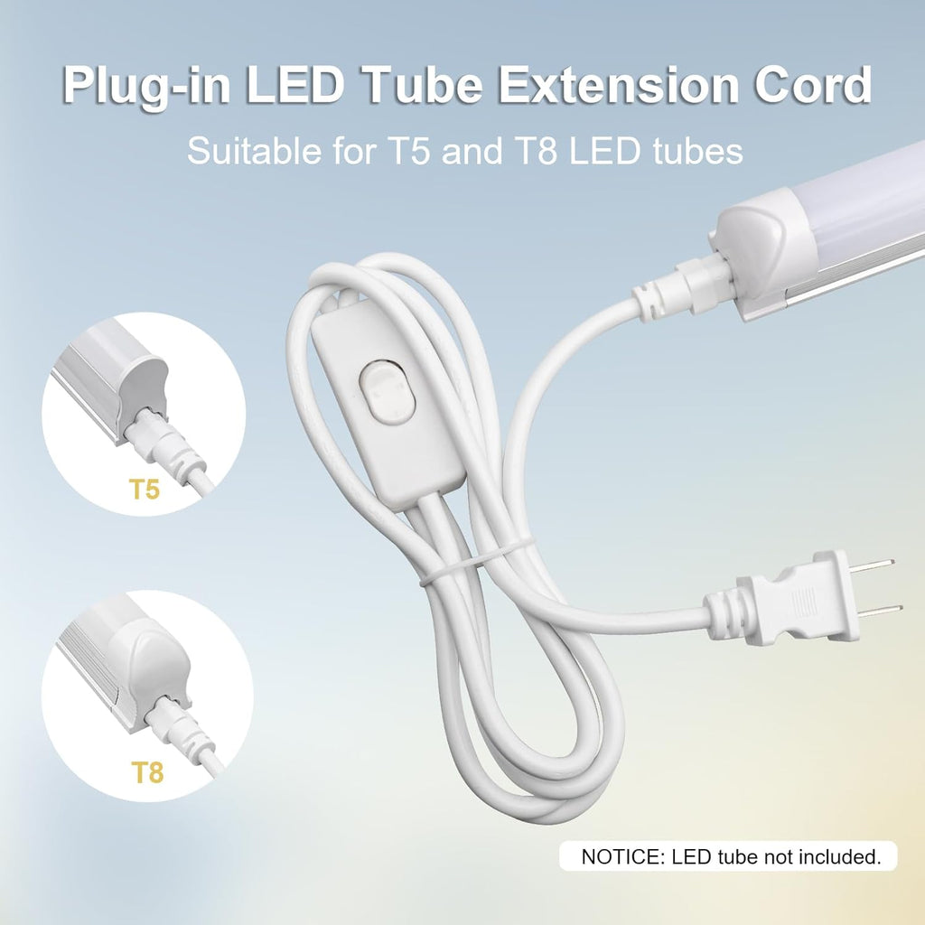 DiCUNO 6.6FT T5 T8 Tube Light Extension Cord with On/Off Switch, US Plug Cable Connector for LED Integrated Single Fixture, Shop Light, Garage, Under Cabinet, White, Pack of 1