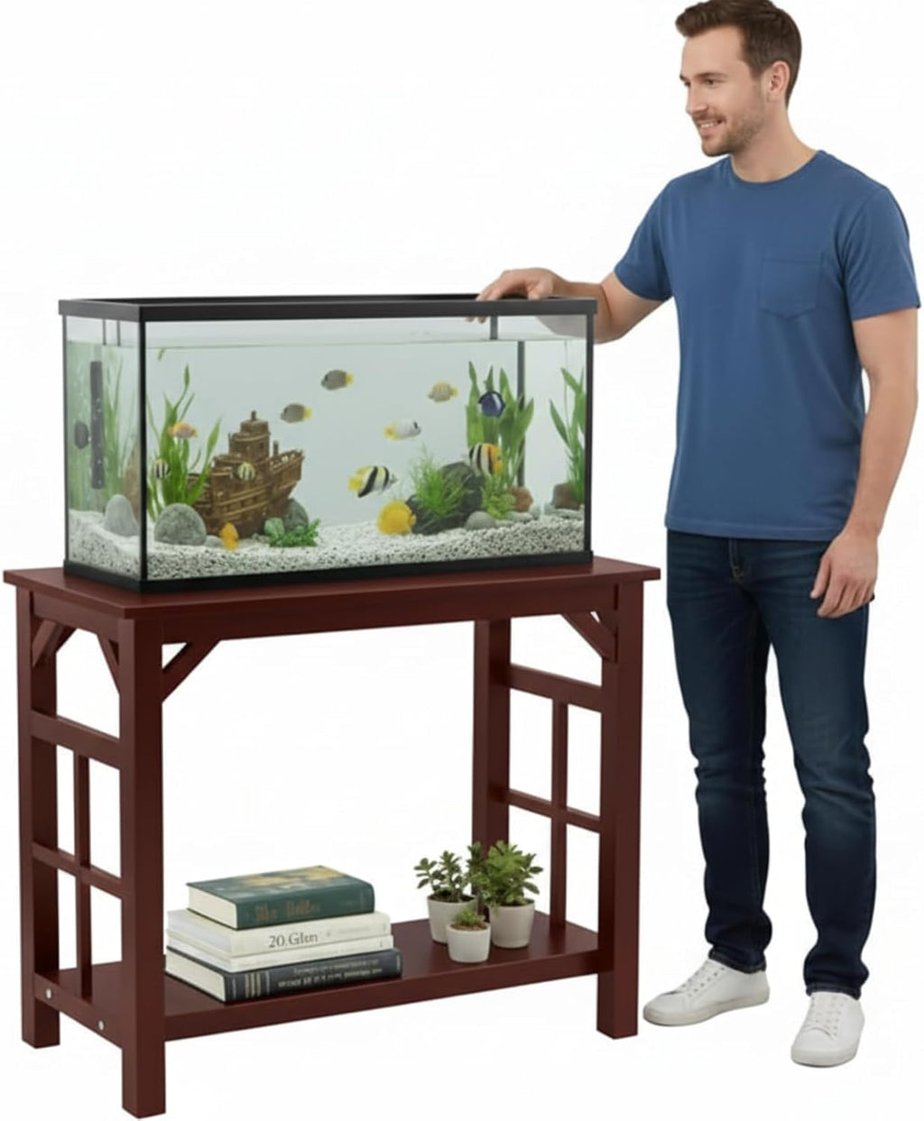 10-20 Gallon Solid Wood Fish Tank Stand Heavy Duty Aquarium Terrarium Stand for Home Office Fish Tank Shelf Table, Cherry, 25.5 x 14 x 24.4 Inch