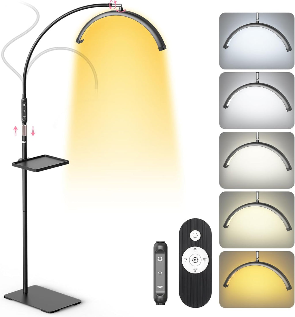 LIONVISON Half Moon Lash Light: 6500K LED Lamp Ring Light with Tray - 360° Flexible Gooseneck Durable Metal Stand - Salon Use for Lash Artists Eyelash Extensions (18In Black)