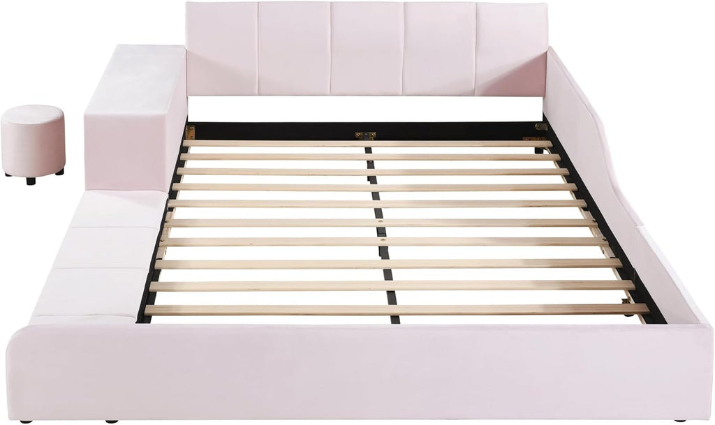 Merax Queen Size Upholstered Plush Velvet Pink Mother and Baby Bed with Large Cushioned Ground Bed, Bedside Table,and Round Stool,Pink