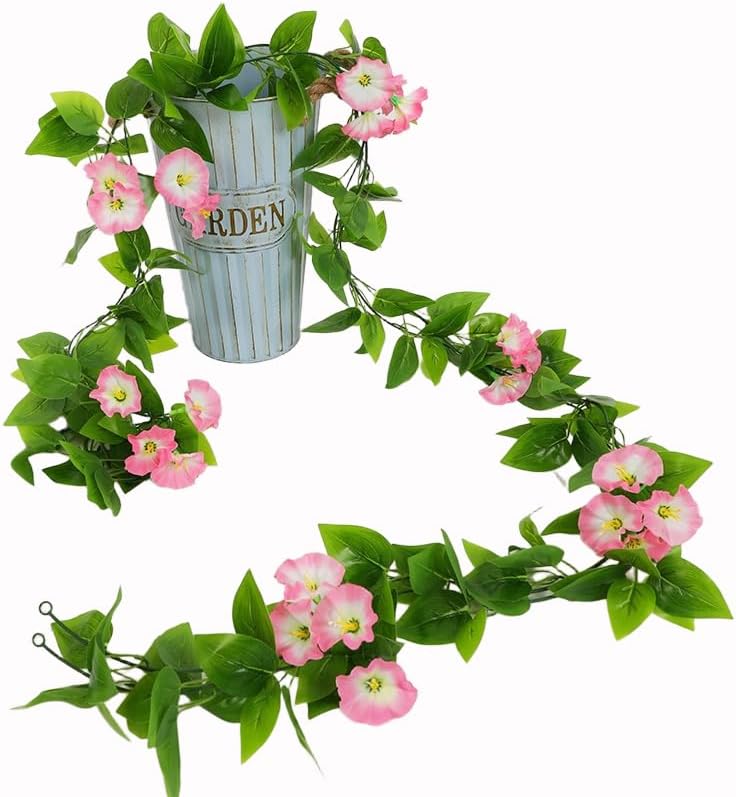 AirSun Artificial Morning Glory Flower Vines, 2pcs 15Feet Hanging Plants Silk Garland Fake Green Plant Home Garden Wall Fence Indoor Outdoor Wedding Birthday Decor