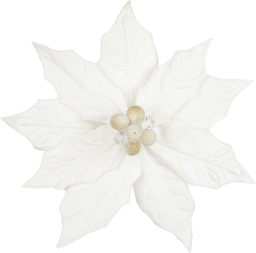 Hollyone 3PCS Poinsettia Christmas Flowers Artificial 11" Large White Glitter Poinsettia Flowers Christmas Tree Ornaments Floral Picks for Tree Wreath Garland Vase Table Centerpiece Home Deco