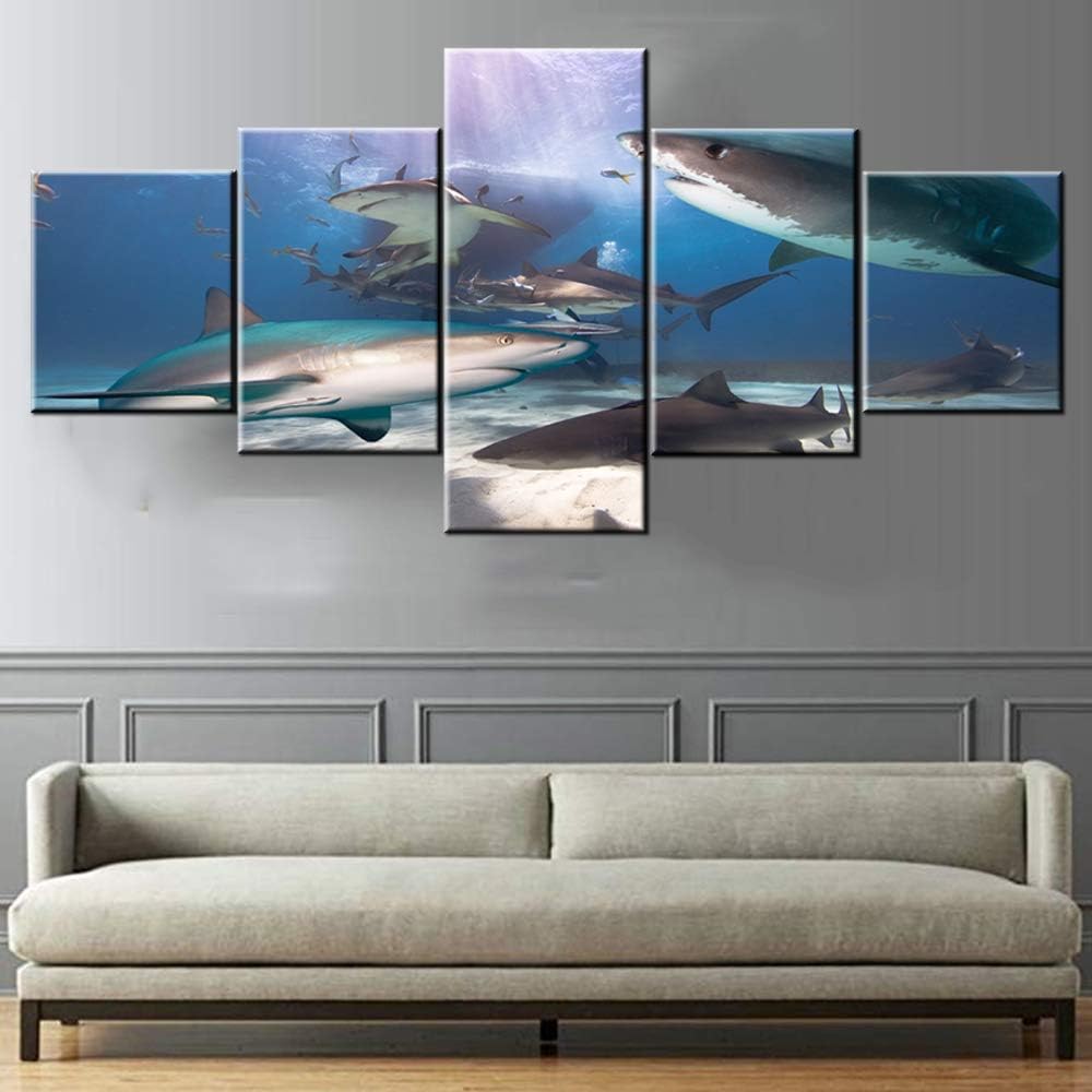 Underwater World Pictures Tiger and Lemon Sharks Paintings 5 Panel Canvas Wall Art Tropical Ocean Fish Artwork Living Room House Decorations Wooden Framed Ready to Hang Poster and Prints(50”WX24”H)
