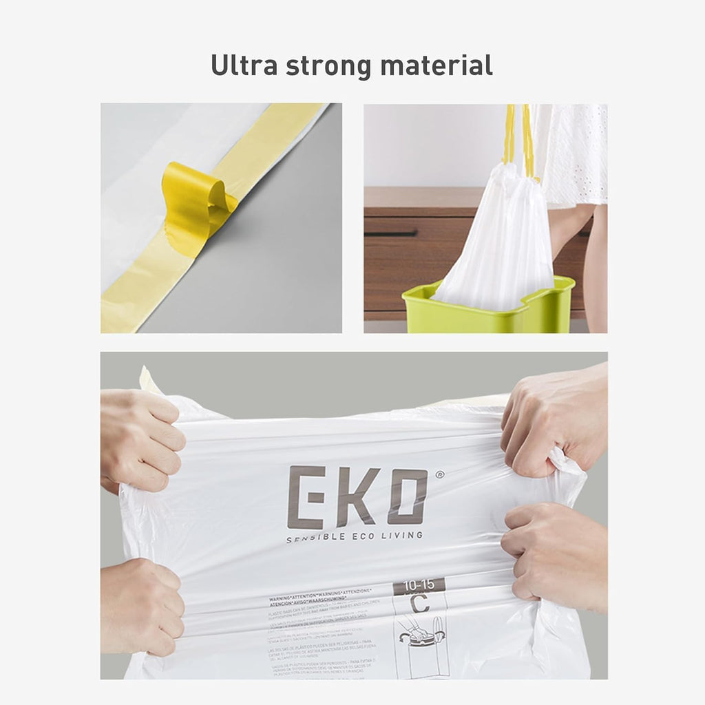 EKO 4 Gallon / 10-15 Liter, 80 Count Small Drawstring Trash Bags, Extra-Strong Unscented Garbage Bags, Easy-Dispense Roll for Kitchen & Household Use, Resists Tears, Leaks and Punctures, Code C, White