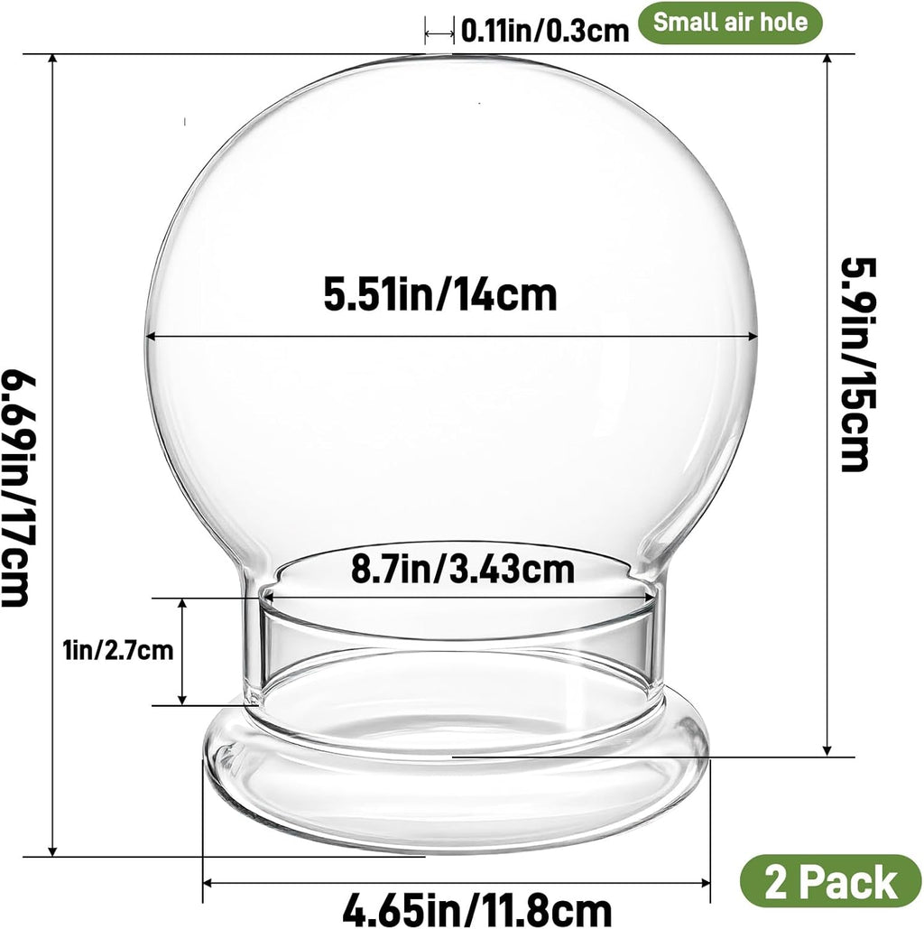 2 Pack Round Glass Cloche Domes with Air Hole and Base, 4.6×6.6 Inches Clear Terrarium Planter, Cloche Planters, Terrarium Bell Jar, Humidity Dome Glass for Plants, Mimosa