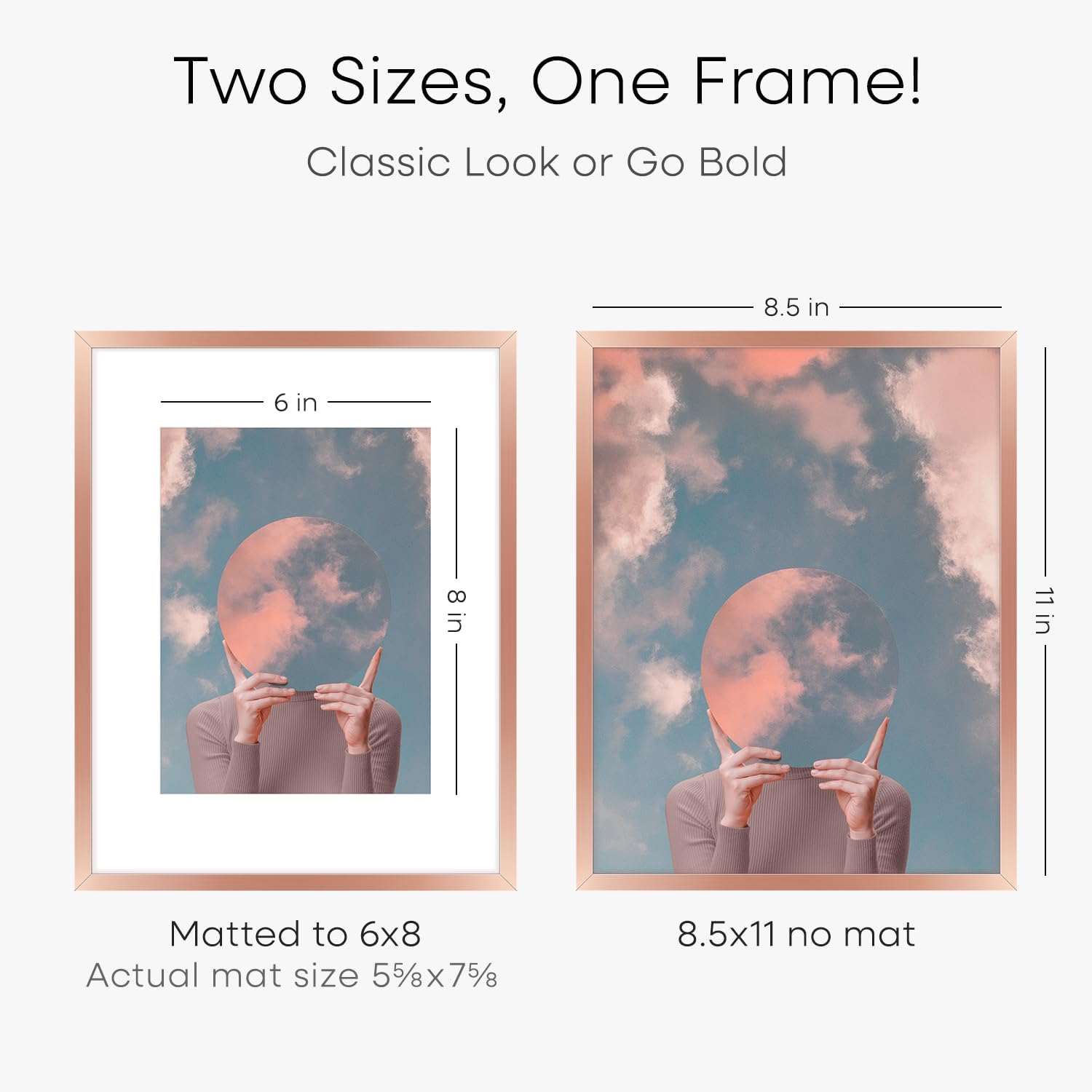 Homeforia 8.5x11 Rose Gold Frame, High End Metal 8.5 x 11 Picture Frames with Mat 6 by 8 inch Photo, 11x8.5 Poster Frame Matted to 6x8 Print, Wall or Tabletop Frame, Tempered Glass, Wall Kit, Set of 2
