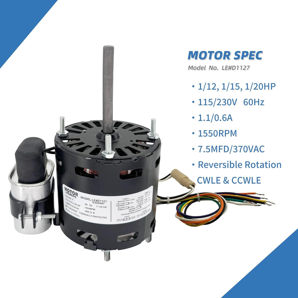 9721, D1127 Refrigeration Fan Motor Replaces Fasco Blower D1101 1126 Century 9650 AO Smith 9656 Bohn 25309101 5008, 1/12HP, 1/15, 1/20HP, 3.3in 1550RPM 115/230V, 60Hz 1.1/0.6A PD1127 EM1127