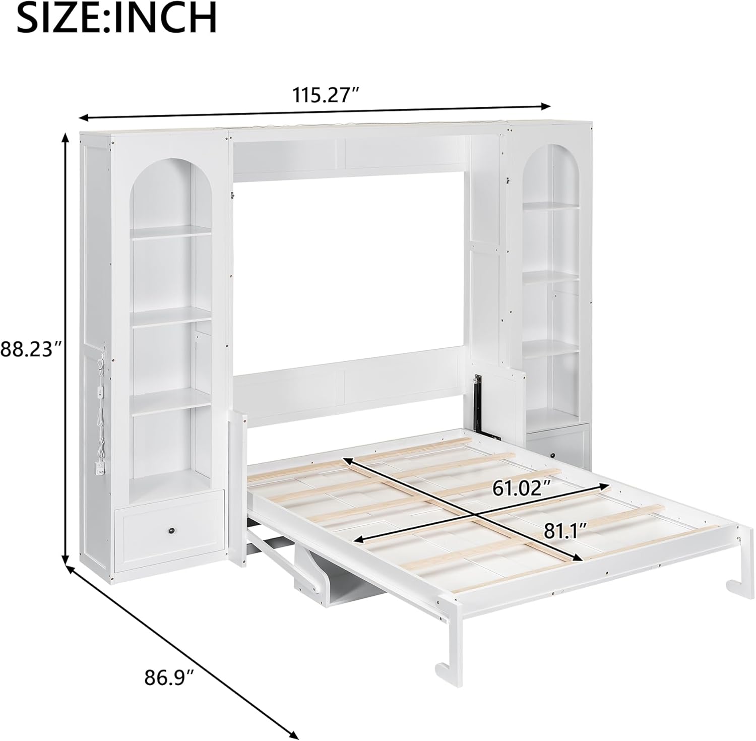 MERITLINE Queen Murphy Bed with Desk and Storage & LED Light, Solid Wood Hideaway Murphy Wall Bed with Storage Bookcase Shelves and Drawers for Adults (White,Queen)
