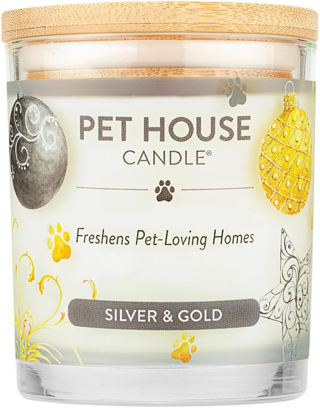 Pet House Candle Plant-Based Soy, Clean Burning Long Lasting Pet Friendly Candle for Home - Silver & Gold