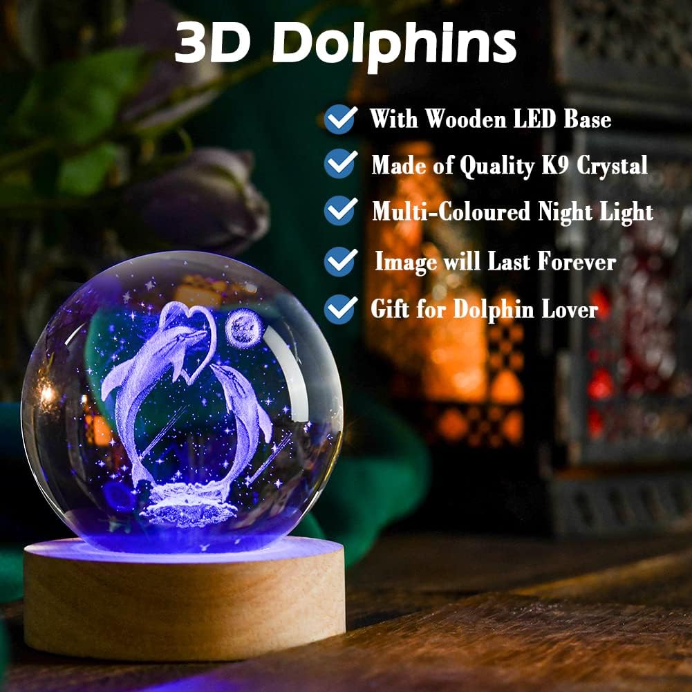Dolphin Gift 3D Dolphins Figurines in Crystal Ball 60mm Laser Engraved Glass Sphere Home Decor with Wooden Light Base