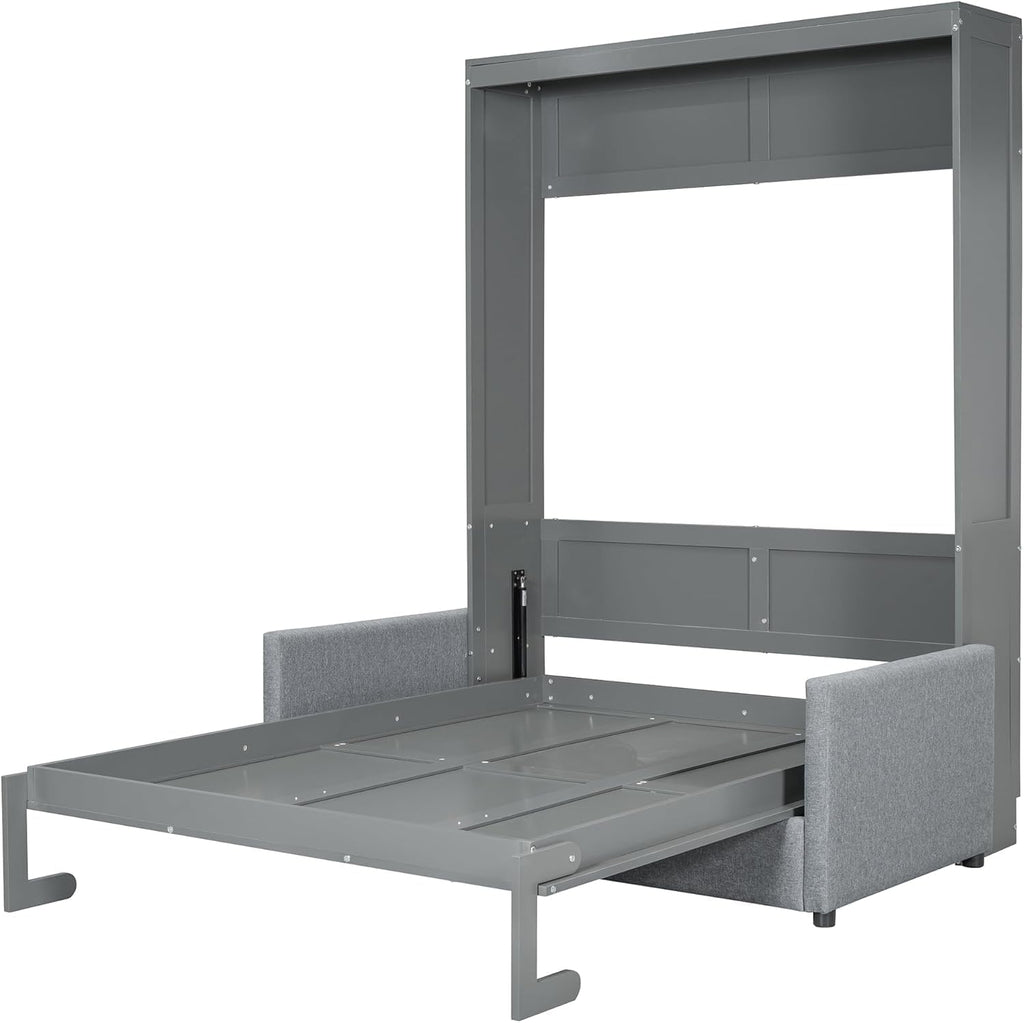MERITLINE Full Murphy Bed with Couch,Wood Murphy Bed Cabinet with Sofa,Fold up Bed Grey Murphy Wall Bed Full Size