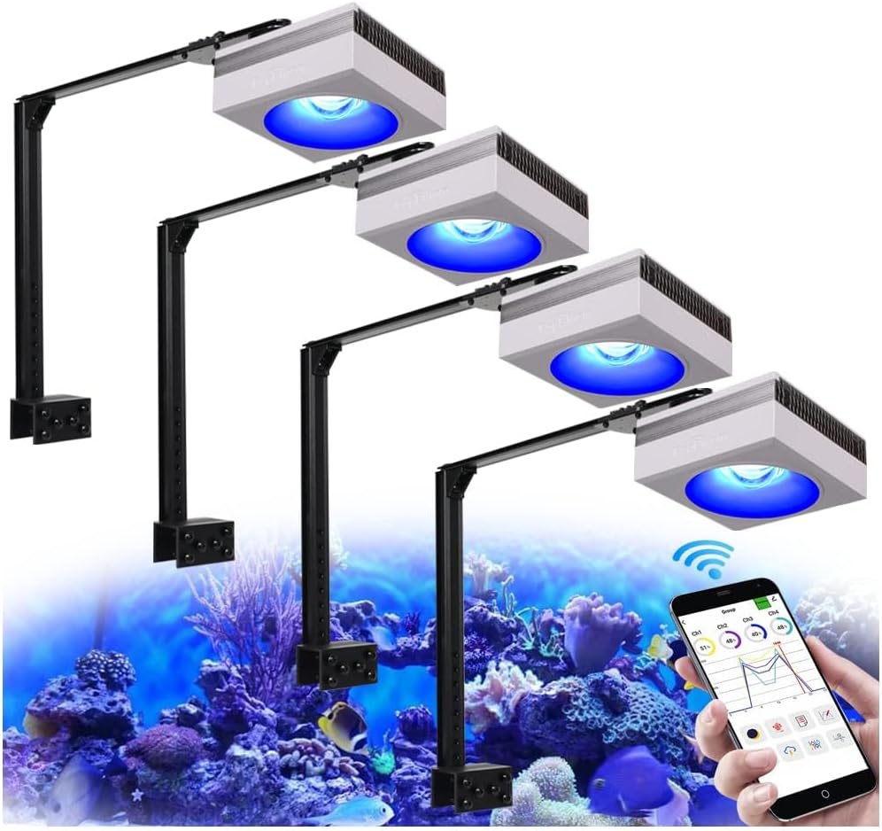 PopBloom RL90 WiFi Reef LED Light, 400W Reef Aquarium Lighting for SPS LPS Corals and Saltwater Fish Tanks, Enhanced Violet and Blue Spectrum,APP Fully Programmable (4 Lights with Mount Arm kit)