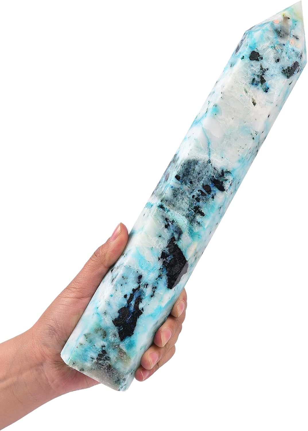 JIC Gem Natural Large Phoenix Pine Obelisk Quartz Crystal Wand Tower Point 6 Faceted Column Chrysocolla Crystal Healing Wand Reiki Decor 2.6-3.0 Lbs