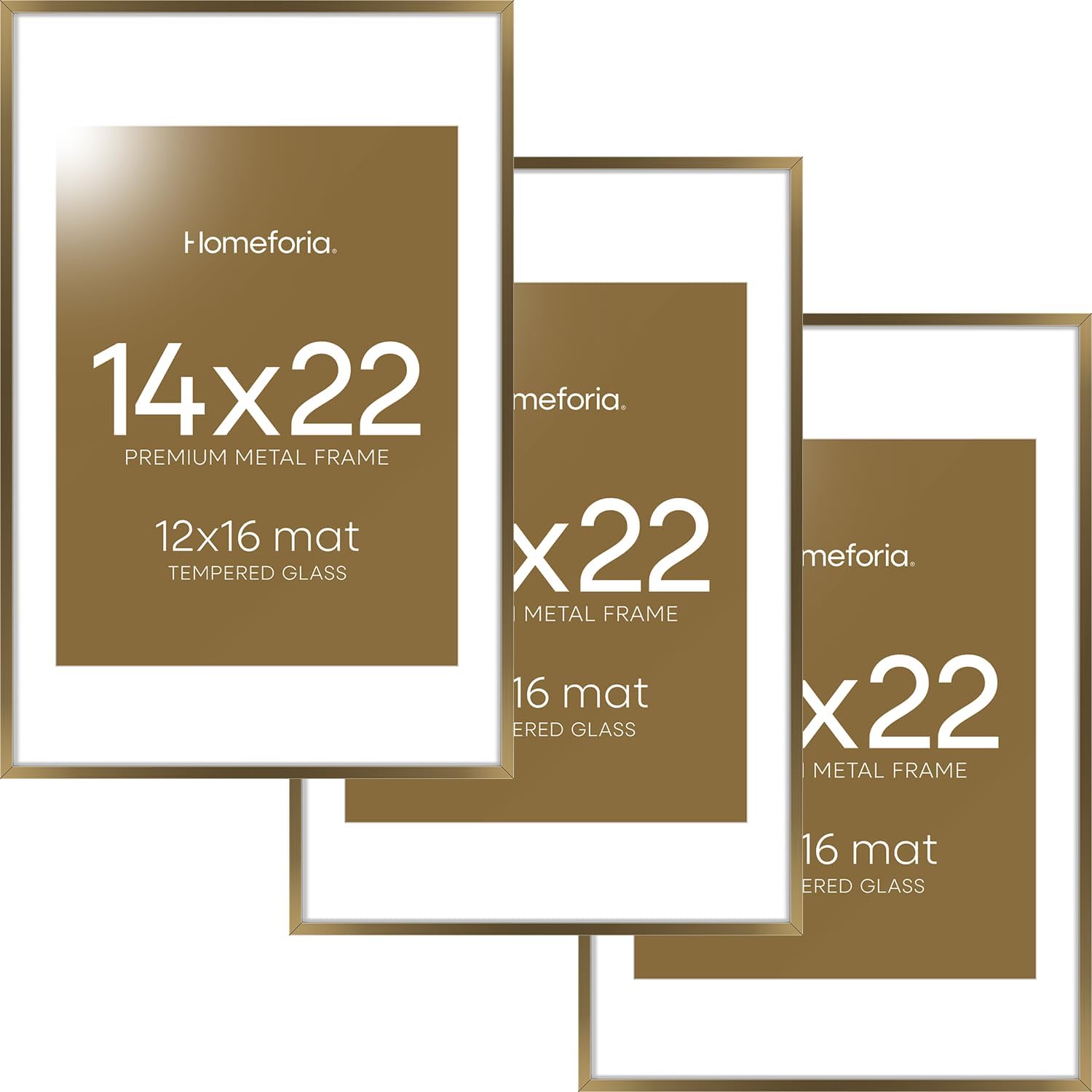 Homeforia 14x22 Picture Frame Bronze, High End Metal 14x22 Brass Poster Frames with Mat 12x16 for Photo, 14 x 22 Frame Matted to 12 by 16 Print, 22x14 Hanging Frame, Tempered Glass, Wall Kit, Set of 3