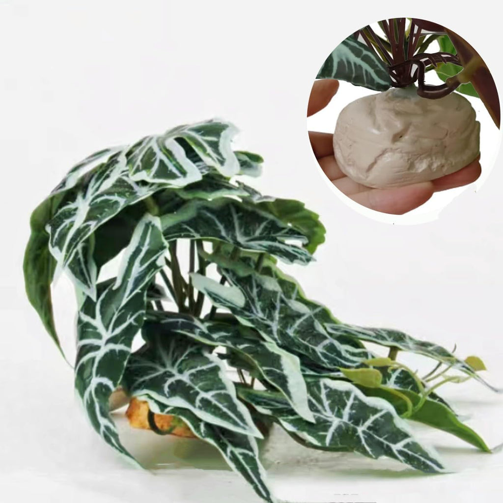 Reptile Plants,Terrarium Decor,Amphibian Habitat Decor,Artificial Plants for Gecko Chameleon Snake Tortoise Tank Accessories with Base(Alocasia)