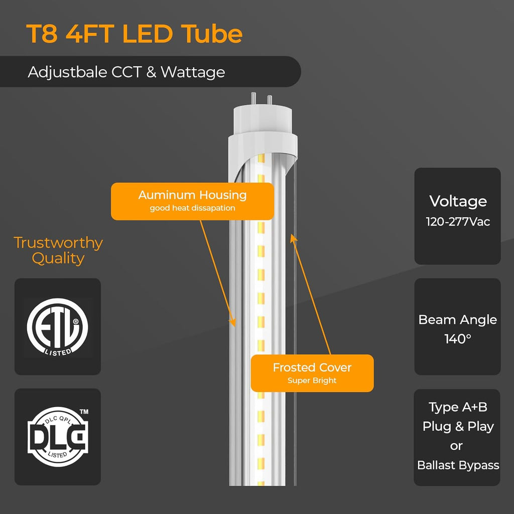 25PK 4FT LED T8 Tube Light, Frosted 24W-10W Selectable Watt & CCT 6500K-3000K, Type A+B Plug&Play or Ballast Bypass 4 Foot Fluorescent Tube Replacement, 120-277V Single or Double Ended, ETL