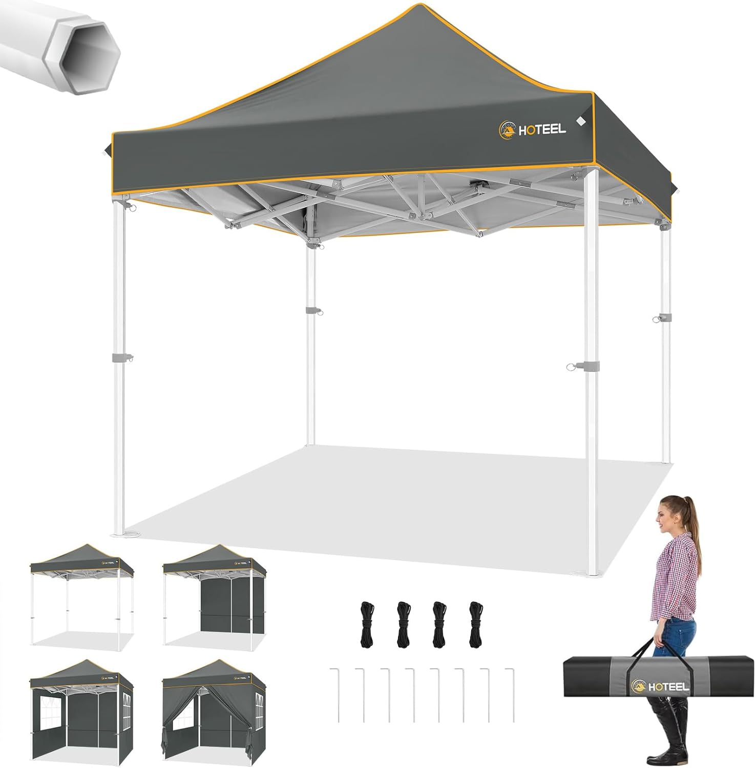 Hoteel 6.6 x 6.6 Pop up Canopy,Easy Up Heavy Duty Canopy with 4 Sidewalls,Upgrade Hexagonal Tube UPF50+ 1500mm Waterproof,Outdoor Canopy Tent with Carry Bag for Commercial Events,Beach,Camping,Grey