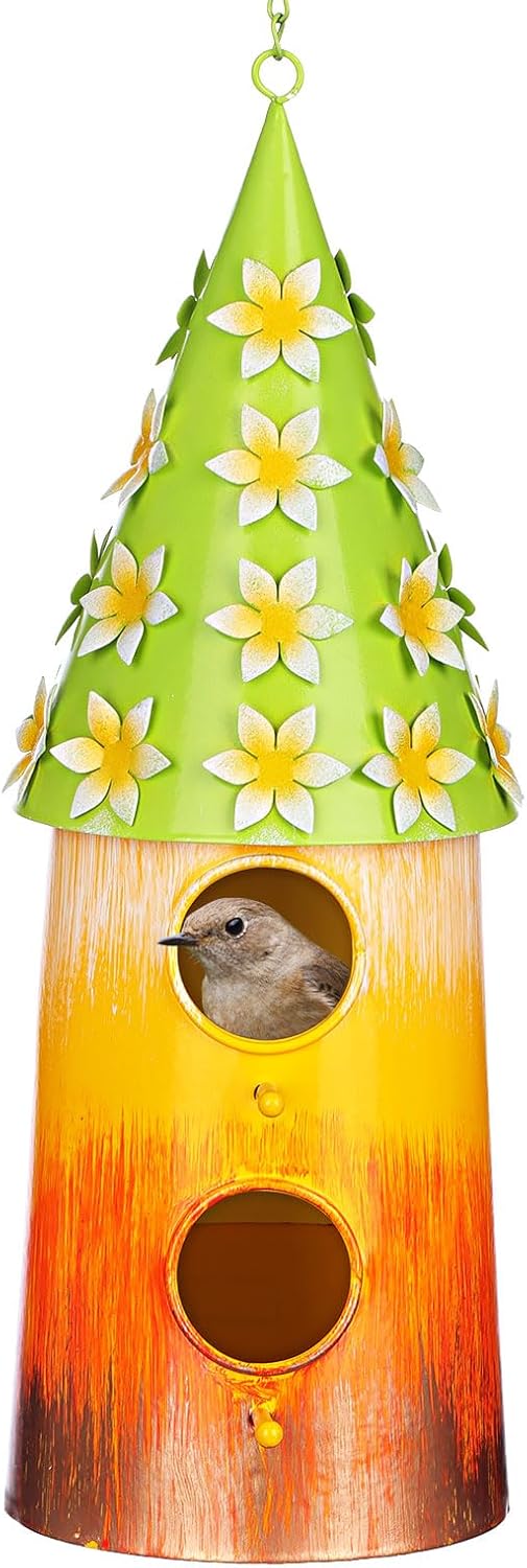 BAYN Hanging Bird House for Outside, 2 Story Double Hole Metal Birdhouse for Outdoor Hanging Handwork Bird Nest Decorative Garden Decor Outdoor