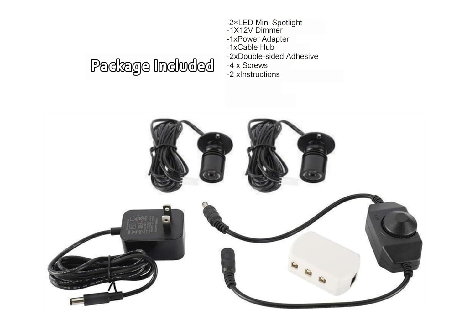 Dimmable 12V LED Mini Spotlights for Display - 1.5W Warm White 3000K, Small Spotlights for Displays with Dimmer, Black - Set of 2