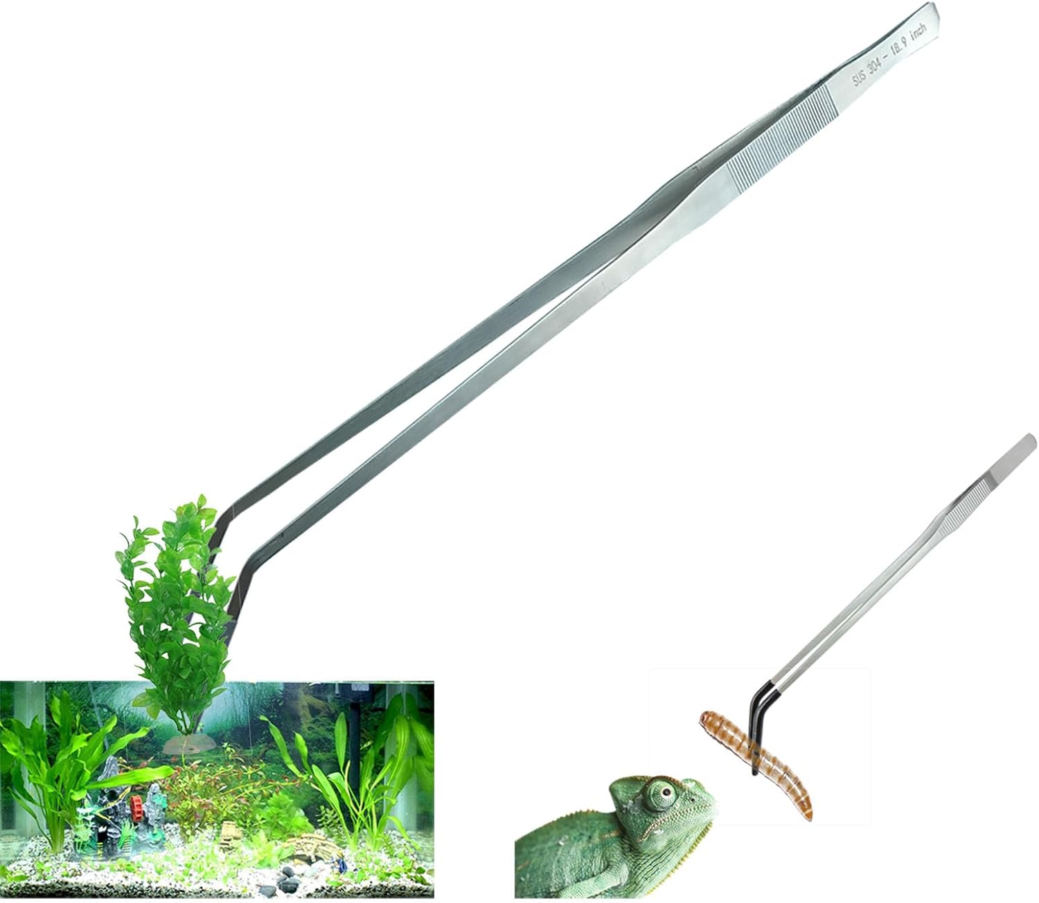2 Pack Extra Long Tweezers, Fecsam Feeding Tongs, 18.9 inch & 10.5 inch Curved Aquarium Stainless Steel Large Aquascape Tools for Fish Tank, Terrarium，Aquascaping, Reptile, Bearded Dragon