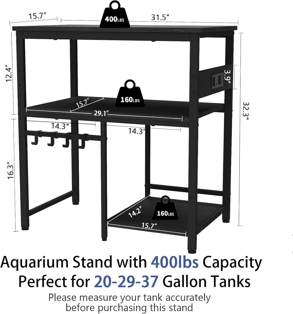 TFK 20-29-37 Gallon Fish Tank Stand, 3-Tier Aquarium Stand with Power Outlet Reptile Tank Stand Heavy Duty Terrarium Stand for Home Office, Black