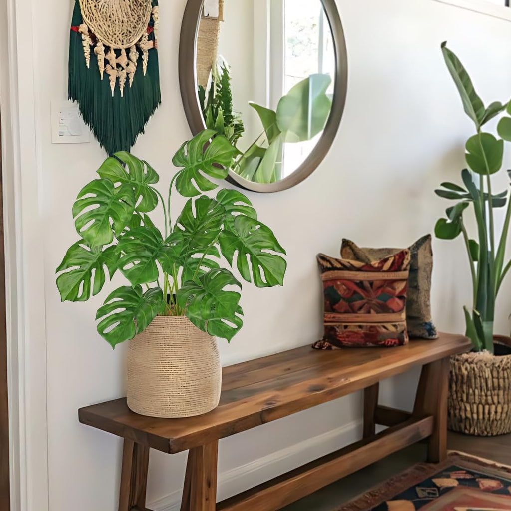 Hollyone 2PCS Artificial Monstera Plants Leaves 28.7" Fake Tropical Monstera Bush Tree Leaf Large Faux Greenery Stem Shrubs for Indoor Outdoor Home Garden Arrangement Jungle Safari Wedding Party Decor