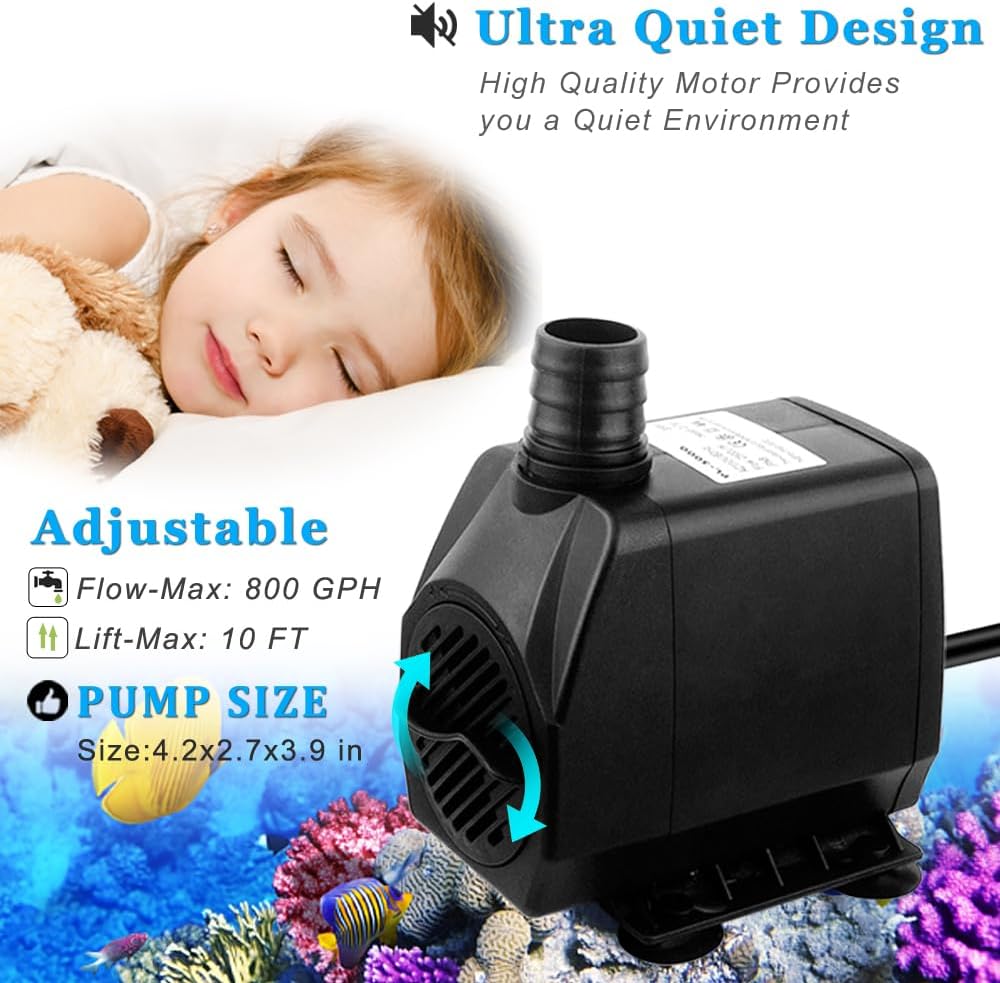 PULACO 800GPH（Large Flow: 3000L/H） Submersible Water Pump with 6.5 ft Tubing, 45W durable fountain water pump 4 Nozzles for Pond Fountain, Aquariums Fish Tank, Statuary, Hydroponics