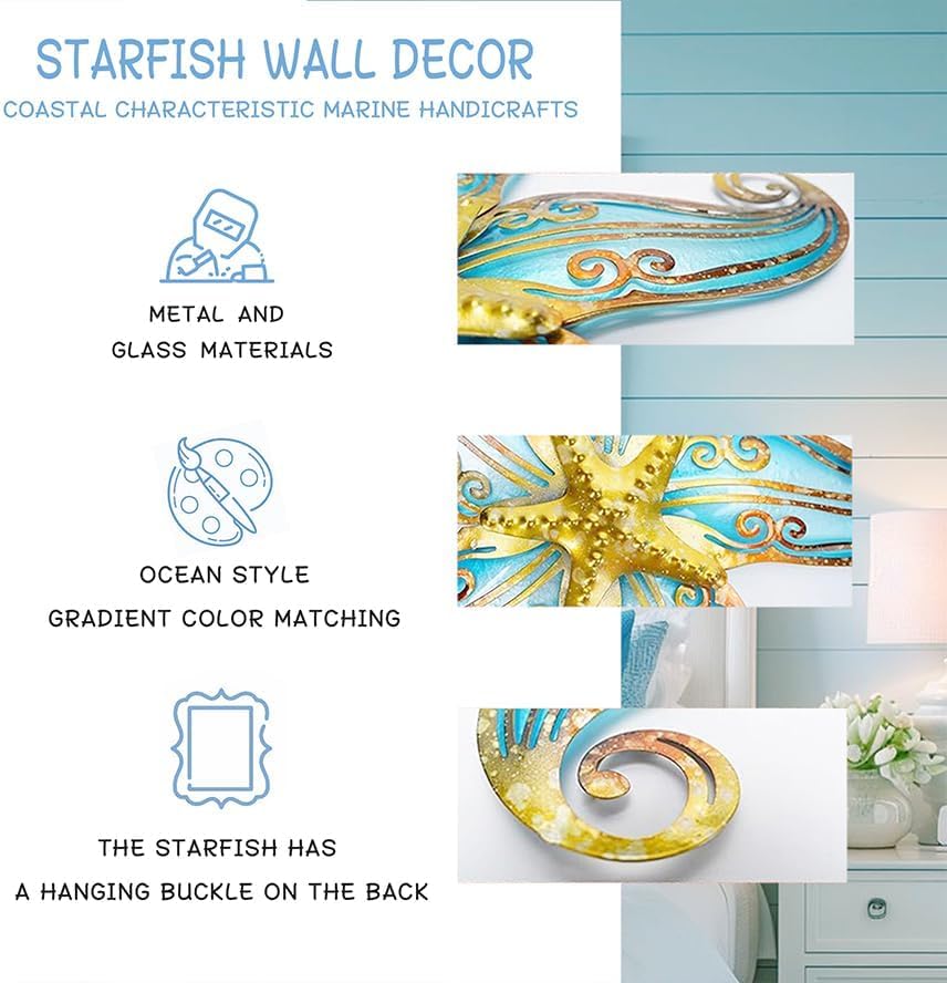 Metal Starfish Wall Decor, Sea Life Coastal Decorations 12 inch Starfish Wall Art, Nautical Home Decoration Handing Ocean Beach Wall Art for Garden,Fence,Home,Patio,Kitchen,Bathroom,(Blue)