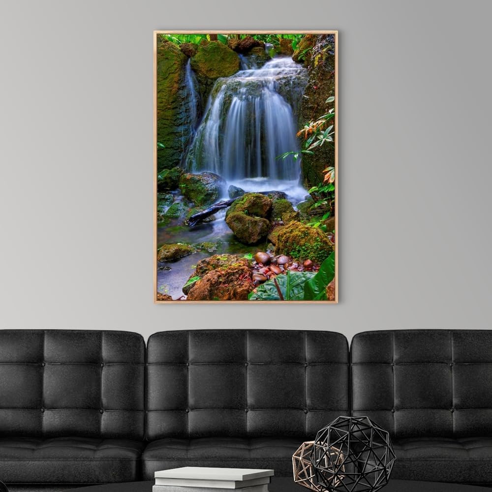 CANVAS ON DEMAND Waterfall in Tropical Rainforest of Fairchild Tropical Gardens, Natural Wood Float Framed Canvas Wall Art Print, Home Decor, Floral, Flowers, Nature Artwork, 24" x36in