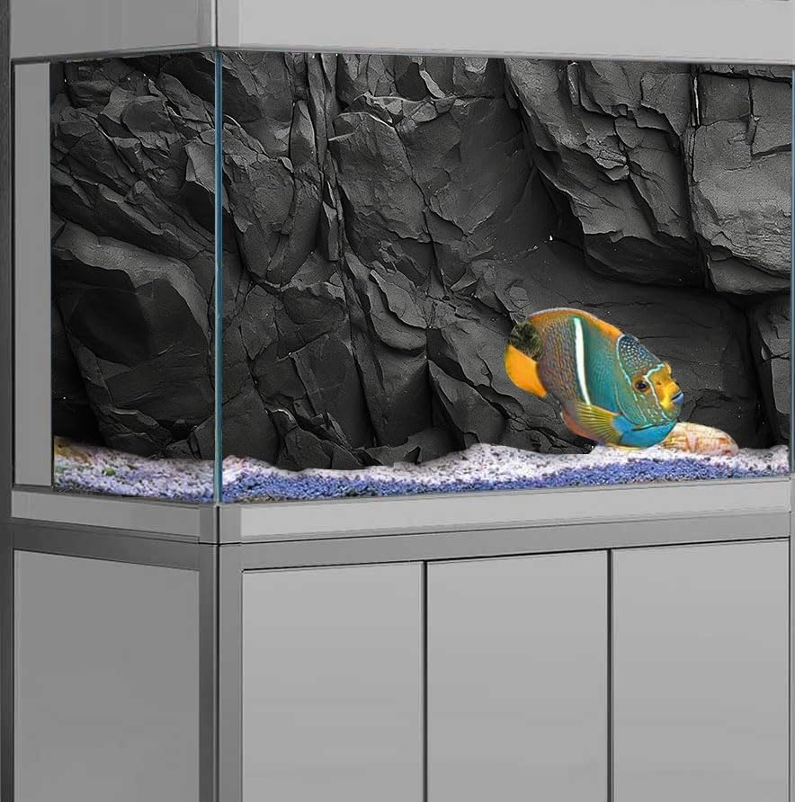 Stone Aquarium Background, Underwater Black Rock Fish Tank Background Rocky Terrarium Background, Polyester Background with 6 EVA Double-Sided Tapes 48x24 inches/120x60cm