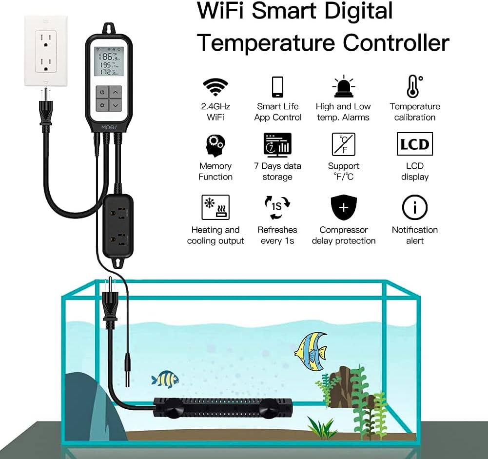 MOES Smart WiFi Cooling Heating Thermostat Outlet, Tuya Digital Temperature Controller Sensor Plug for Reptile Fermenter Brewing Breeding Heat Mat, Smart Life Remote Control, -22-221℉,10A 1250W