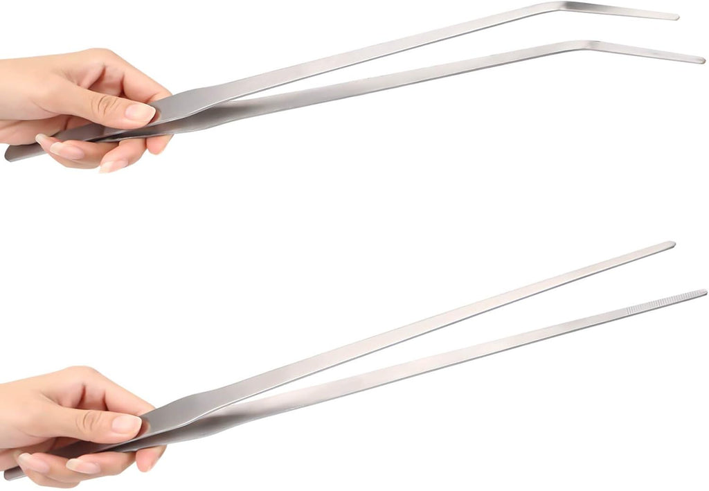 Long Tweezers for Aquarium 15 inch - 2 Pcs Stainless Steel Reptile Feeding Tongs, Curved and Straight Design with No Slip Tips,Terrarium Aquascape Tools Snake Bearded Dragon Tank Accessories