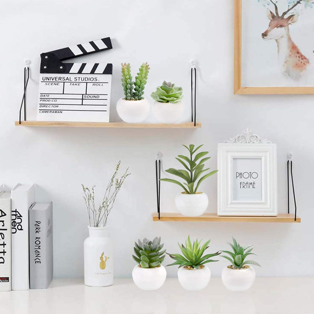 GREENTIME 6 Pcs Green Artificial Succulent Plants in Mini White Ceramic Pots Small Fake Succulent Plant Faux Indoor Decor Bedroom Desk Bathroom Office Living Room Table Shelf Home Decoration