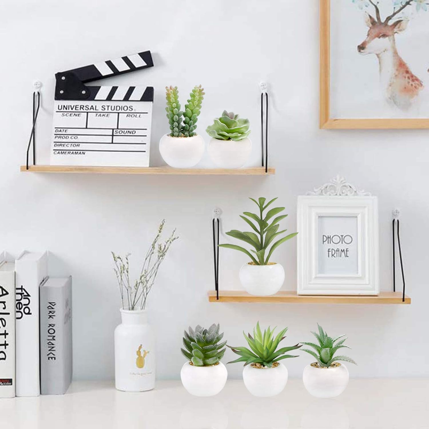 GREENTIME 6 Pcs Green Artificial Succulent Plants in Mini White Ceramic Pots Small Fake Succulent Plant Faux Indoor Decor Bedroom Desk Bathroom Office Living Room Table Shelf Home Decoration