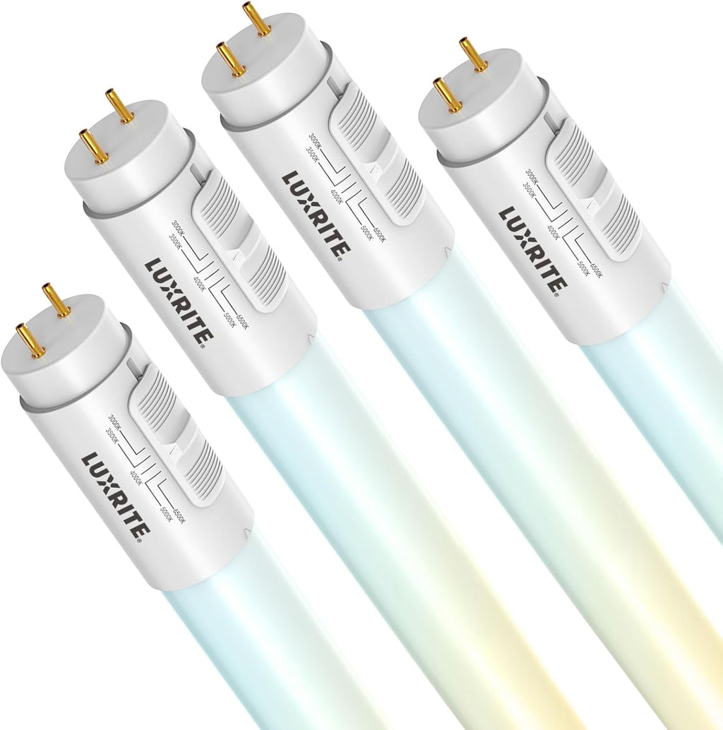LUXRITE 4FT LED Tube Light, T8, 12W/15W/18W, 5CCT 3000K-6500K, 1620/1950/2250LM, 220°, Ballast Compatible or Bypass, Single/Double End, Fluorescent Replacement, Damp Rated, UL and DLC Listed (4 Pack)