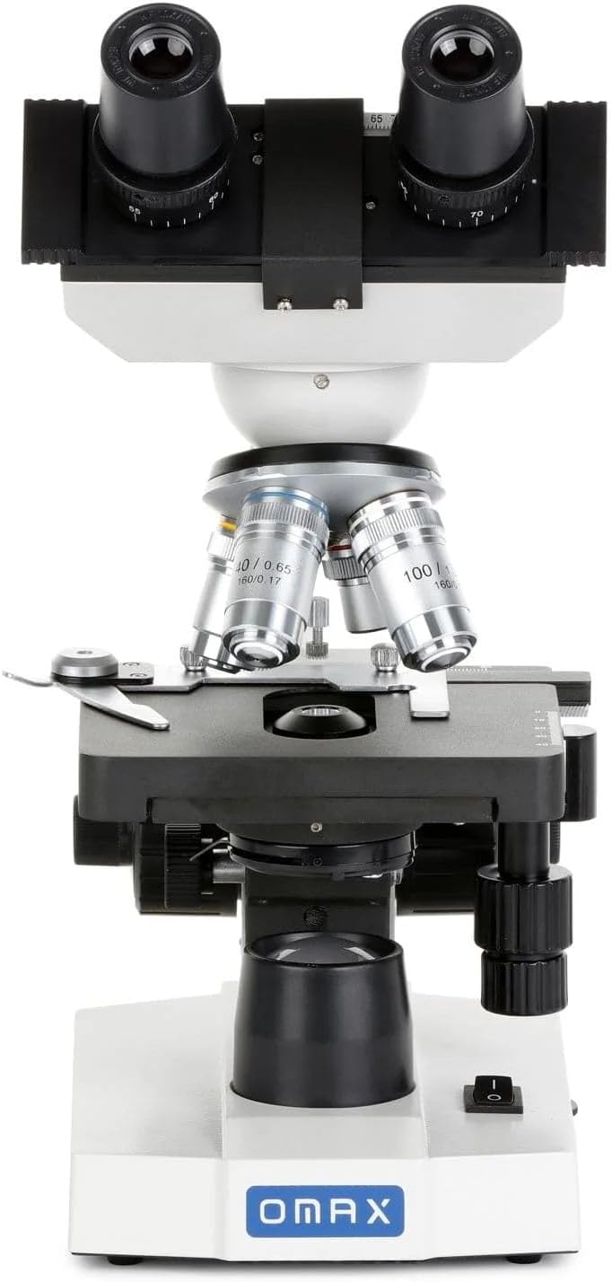AmScope OMAX 40X-2000X Lab LED Binocular Compound Microscope with Double Layer Mechanical Stage and Coaxial Coarse/Fine Focusing Knob