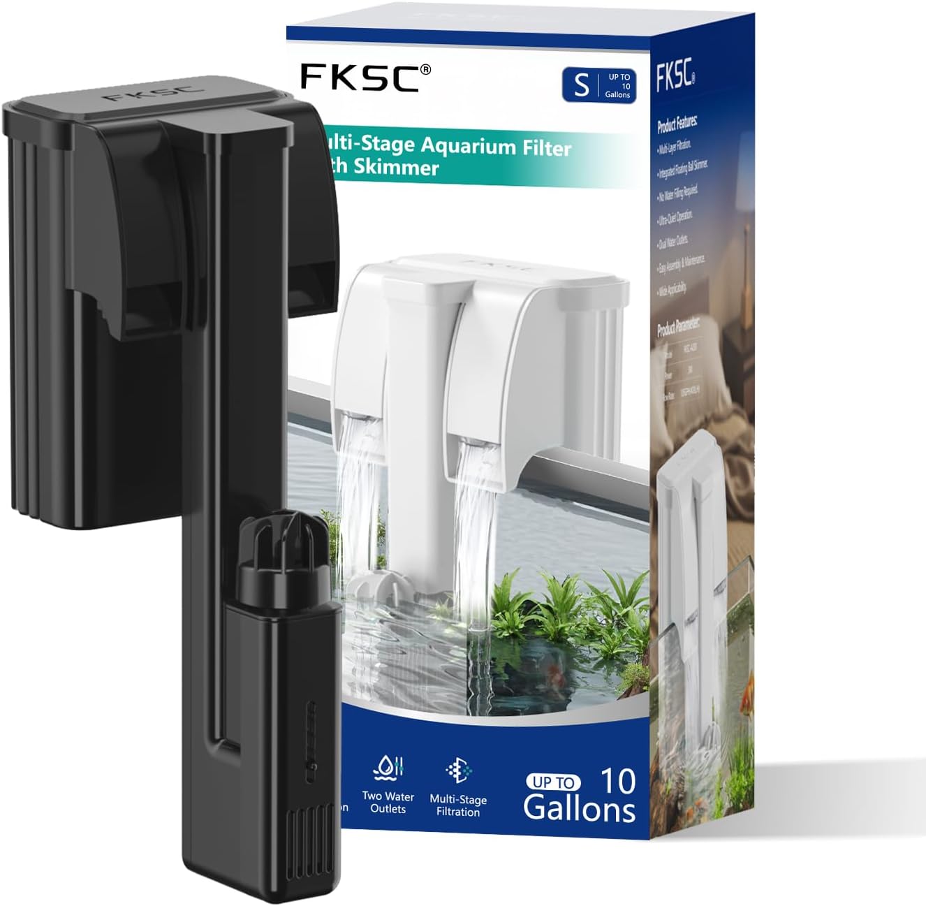 Hang On Back Aquarium Filter Up 10 Gallons Fish Tanks, 2-Stage Multi-Stage Filtration with Surface Skimmer, Ultra Quiet HOB Power Waterfall Filter for Freshwater