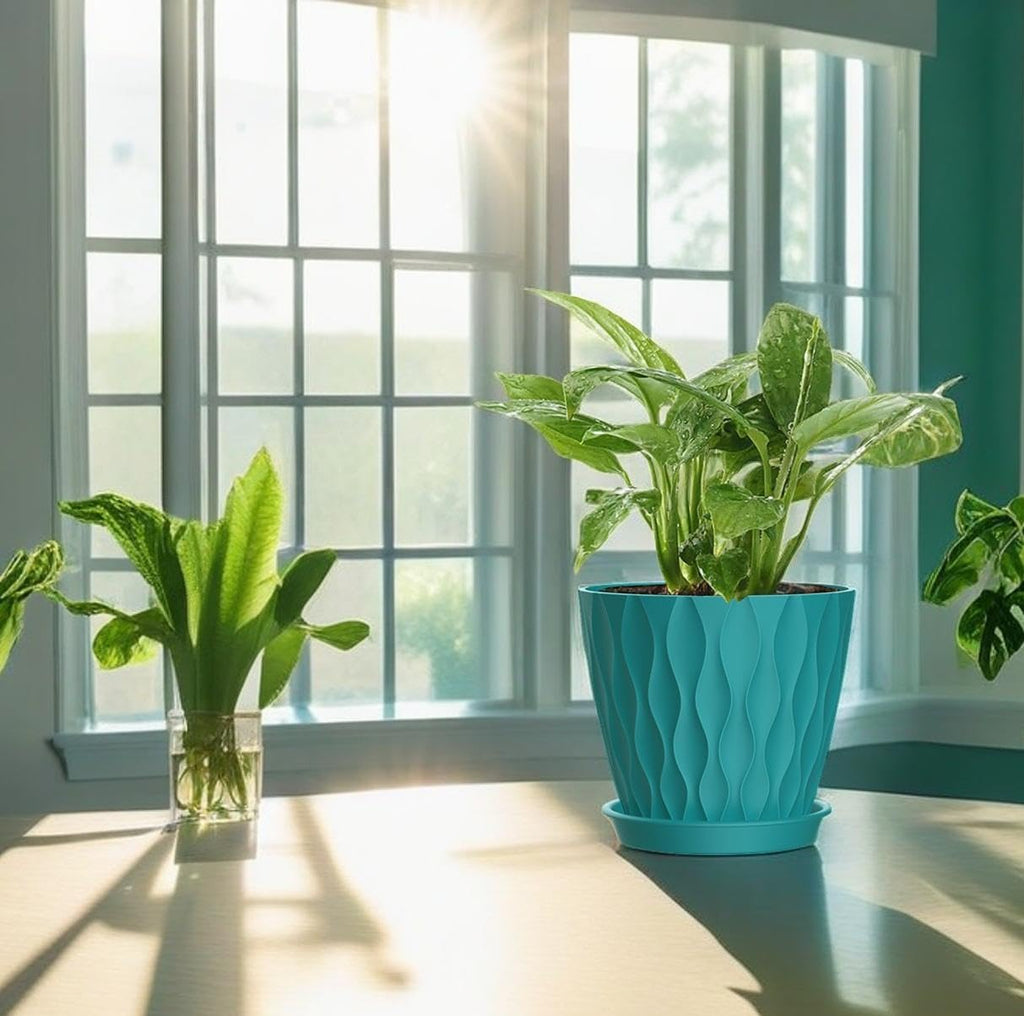 4 Inch Plant Pots, 6 Pack Indoor Flower Pots, Planters with Drainage Holes and Trays for Orchids, Violets, Succulents, Herbs, and Other Plants,Blue-Green