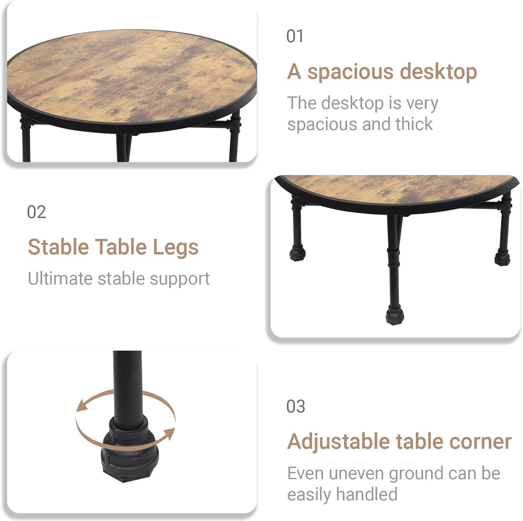 Industrial Round Coffee Table, Circle Wood Pottery Barn Coffee Table with Heavy Duty Metal Pipes Legs, Accent Cocktail Table Center Table with Open Shelf Storage for Living Room Home