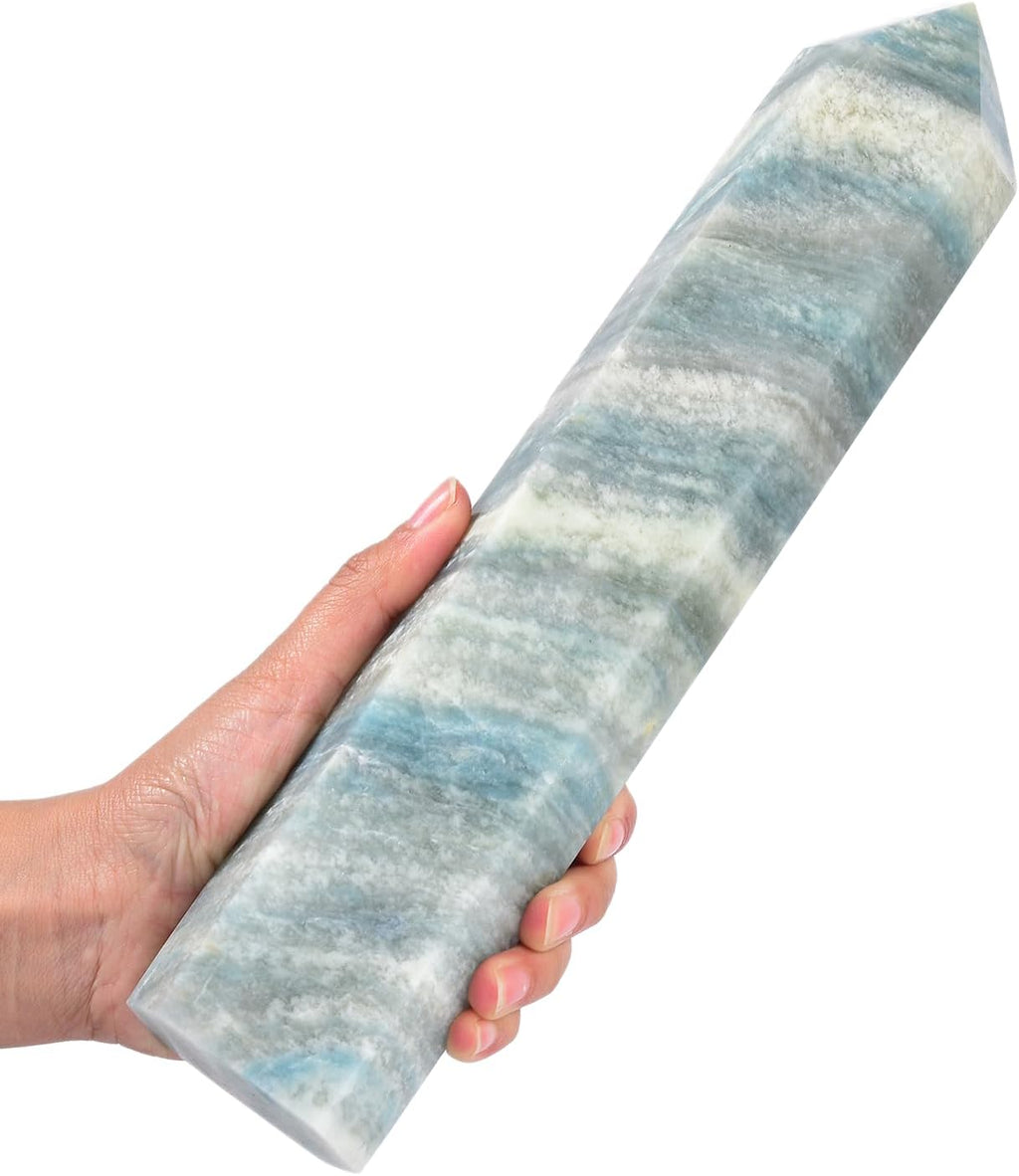 JIC Gem Extra Large Blue Trolleite Healing Crystal Wand 6 Faceted Blue Quartz Crystals Obelisk Tower Points Crystals Decor Reiki 4.0-4.4 Lbs