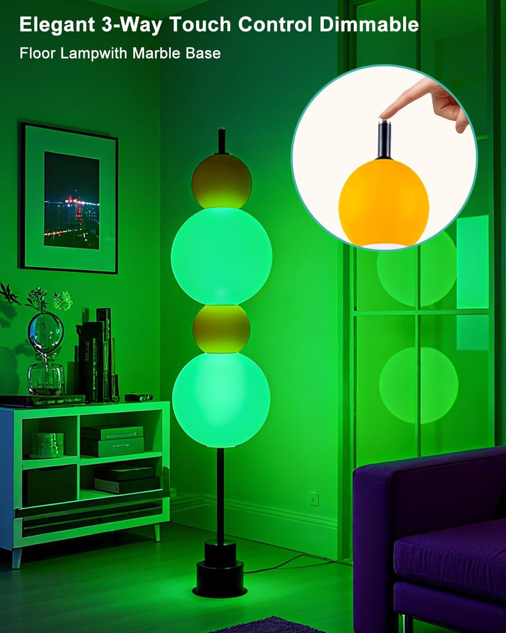Lightdot RGB& 3000K Floor Lamp with Touch Control, Dimmable Colors Temperature & Brightness, Globe Modern Floor Lamp with Smart Bulb, Yellow Standing Lamps for Living Room