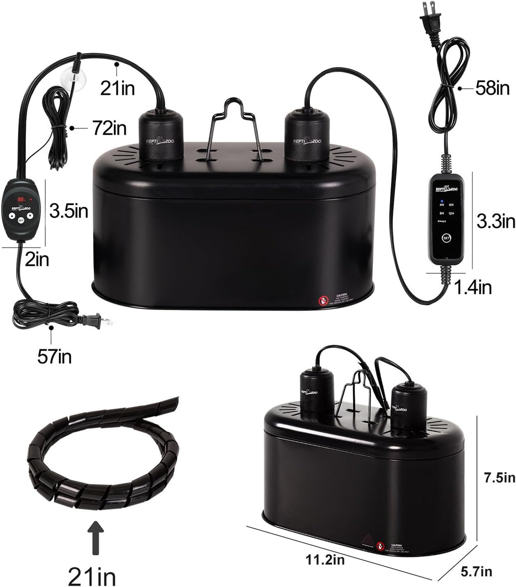 REPTI ZOO Dual Reptile Light Fixture with Dimming Thermostat and Timer, Deep Dome Lamp Fixture with Independent Reptile Dimming Thermostat Heat Bulb Temperature Controller and Timing Function