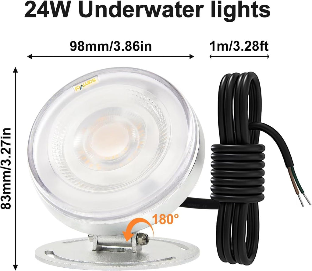 LED Underwater Pond Light, Heavy Duty Aluminum 12V 3000K Warm White IP68 Waterproof Fountain Light, Landscape Lamp for Swimming Pool, Fountain, Waterfall, Pond and Grass Land Decoration (24, Watts)